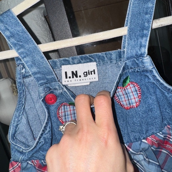 Vintage y2k I.N. girl embroidered denim dress apples plaid appliqué toddler girl - Picture 3 of 9